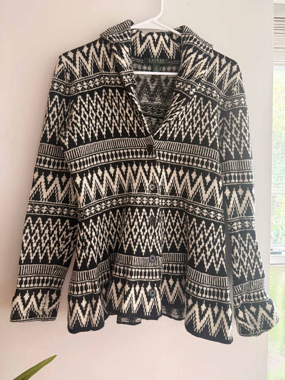LAUREN RALPH LAUREN Black & White Geometric Jacquard Cardigan - M